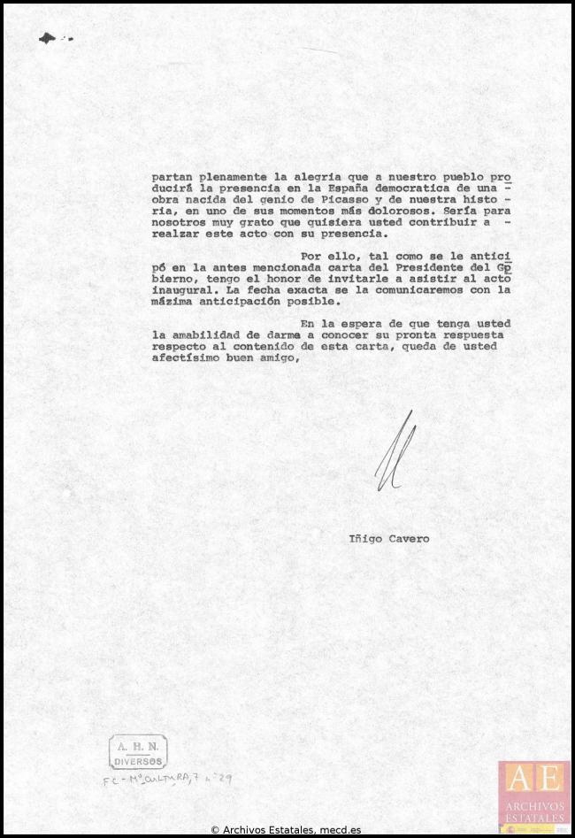 Cartas de Íñigo Cavero a los herederos de Pablo Picasso del 30 de junio de 1981
