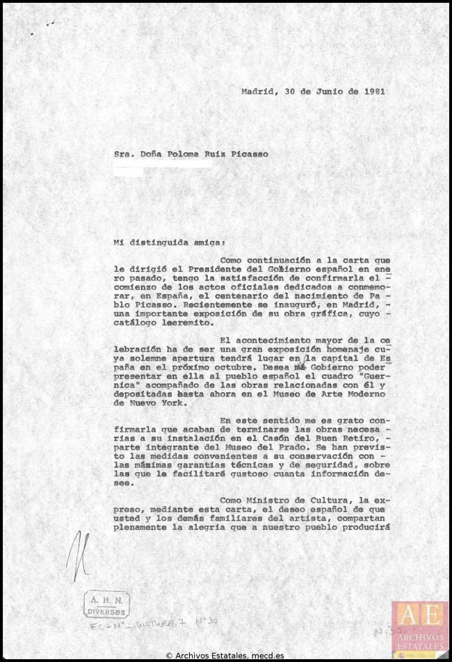 Cartas de Íñigo Cavero a los herederos de Pablo Picasso del 30 de junio de 1981