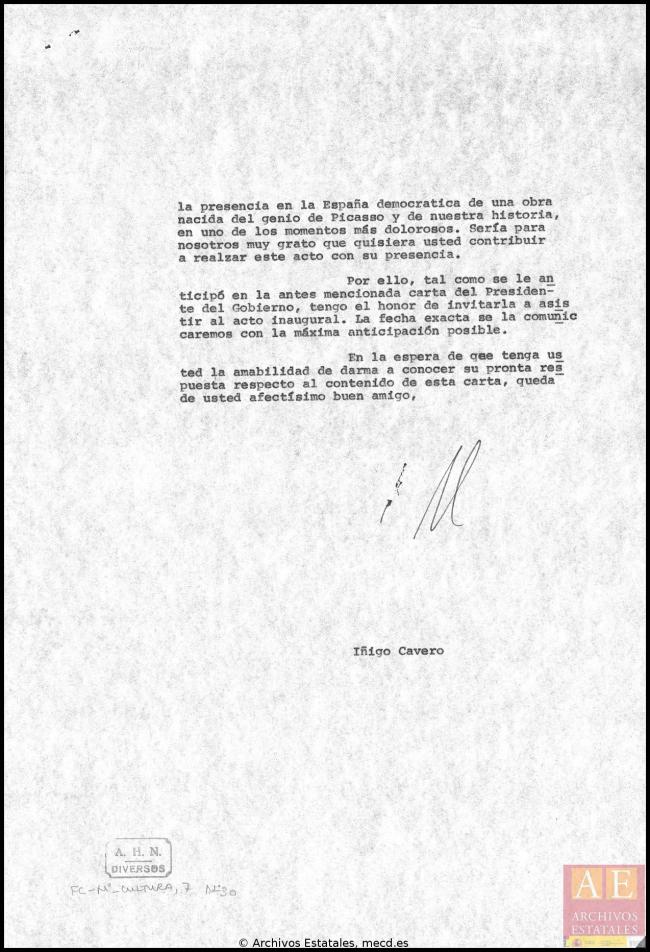 Cartas de Íñigo Cavero a los herederos de Pablo Picasso del 30 de junio de 1981