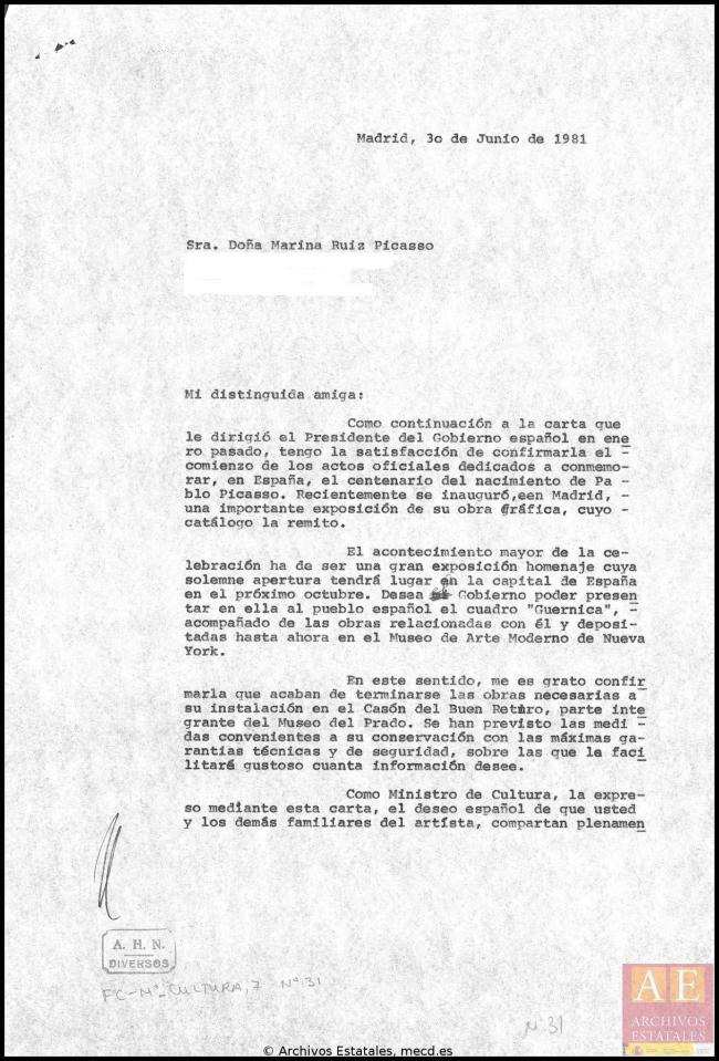 Cartas de Íñigo Cavero a los herederos de Pablo Picasso del 30 de junio de 1981