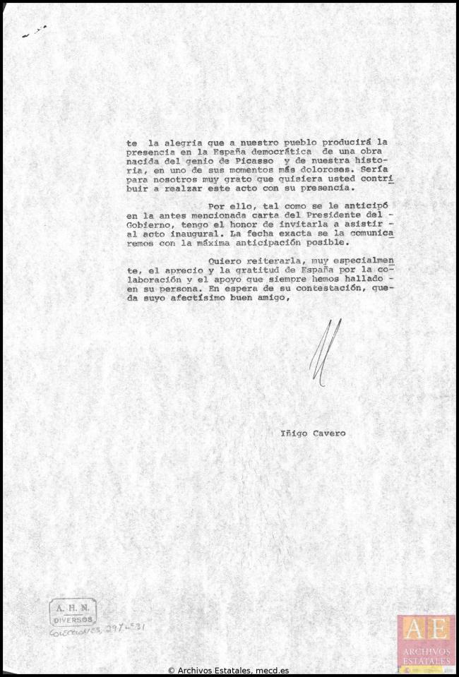 Cartas de Íñigo Cavero a los herederos de Pablo Picasso del 30 de junio de 1981