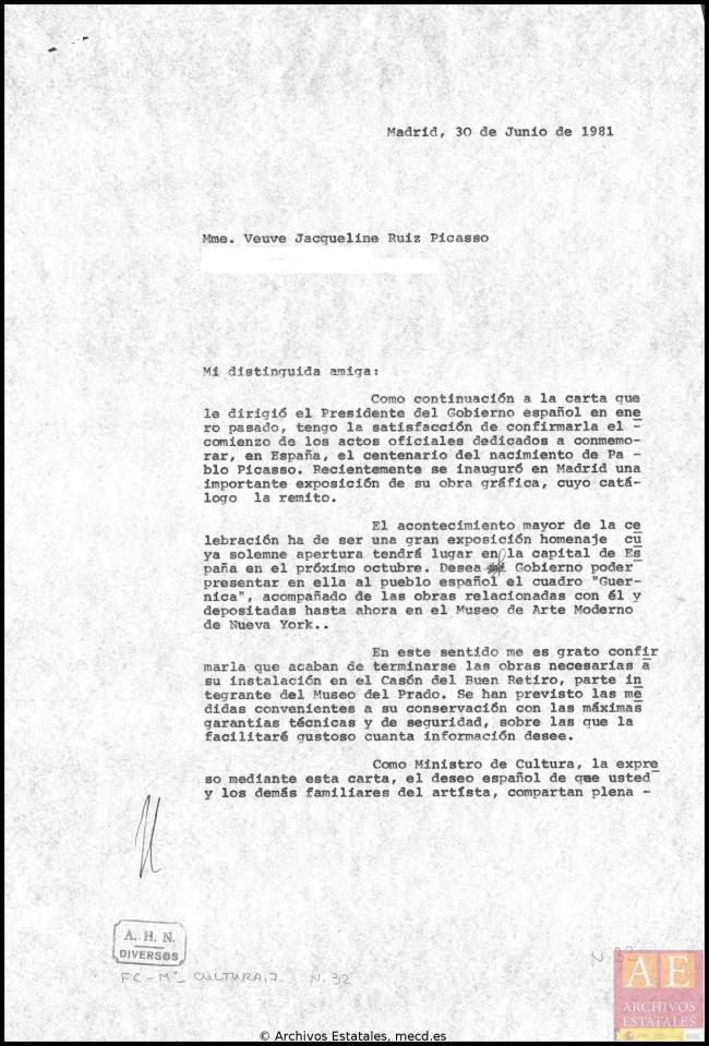 Cartas de Íñigo Cavero a los herederos de Pablo Picasso del 30 de junio de 1981