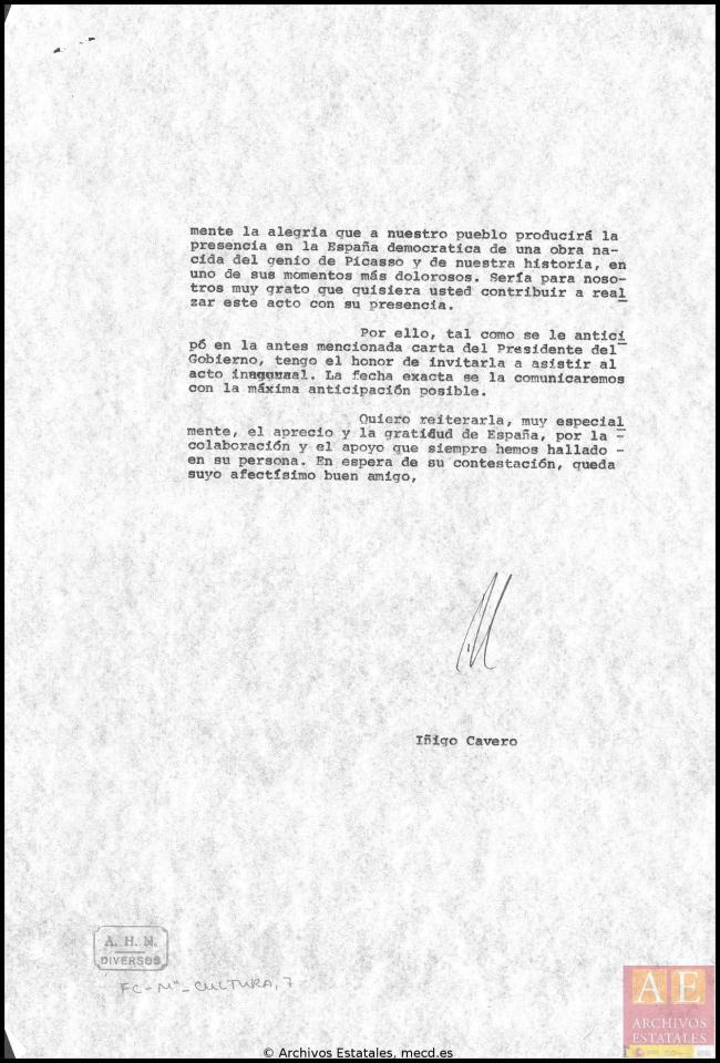 Cartas de Íñigo Cavero a los herederos de Pablo Picasso del 30 de junio de 1981