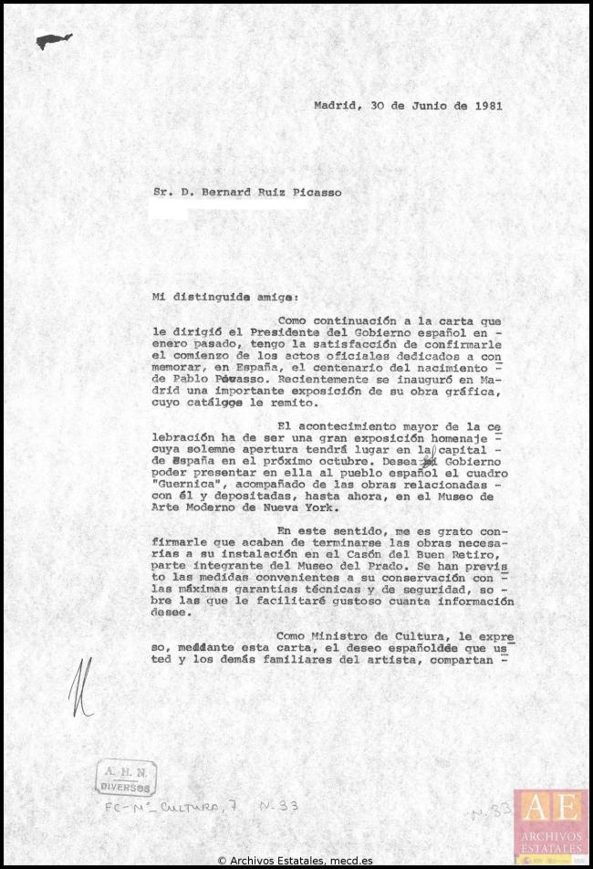 Cartas de Íñigo Cavero a los herederos de Pablo Picasso del 30 de junio de 1981