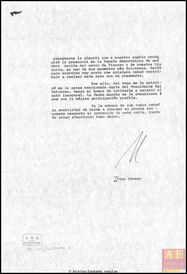 Cartas de Íñigo Cavero a los herederos de Pablo Picasso del 30 de junio de 1981