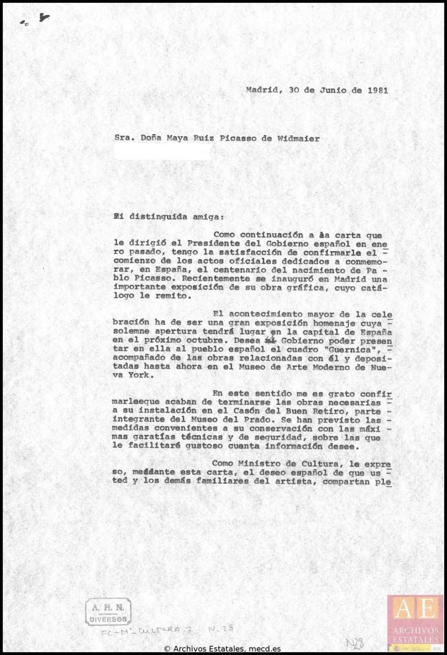 Cartas de Íñigo Cavero a los herederos de Pablo Picasso del 30 de junio de 1981