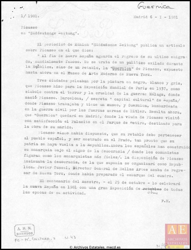 «Picasso», artículo aparecido en Südddetsche Zeitung