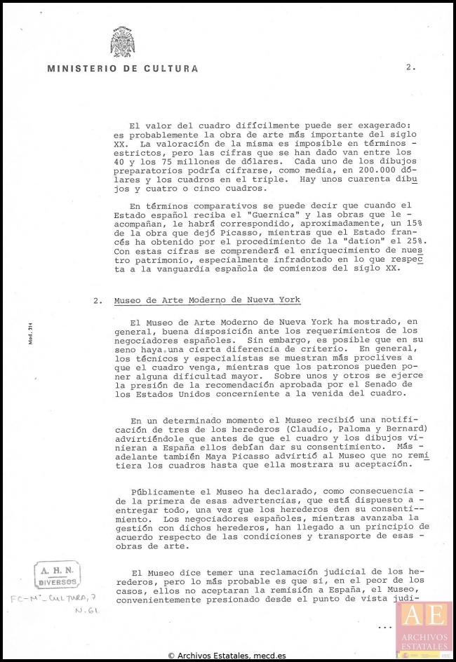 Informe sobre el estado de las negociaciones del traslado de Guernica a España