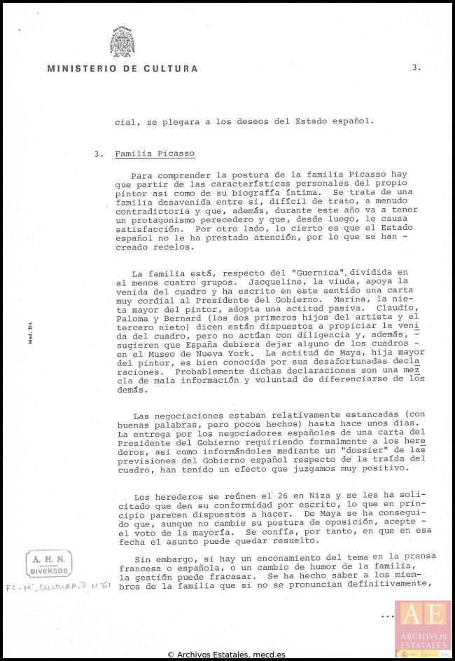 Informe sobre el estado de las negociaciones del traslado de Guernica a España