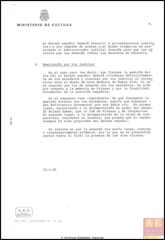 Informe sobre el estado de las negociaciones del traslado de Guernica a España