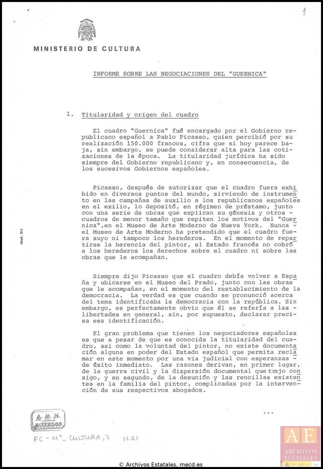 Informe sobre el estado de las negociaciones del traslado de Guernica a España