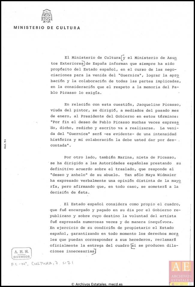 Comunicado del Ministerio de Cultura sobre el estado de las negociaciones con la familia Picasso para el traslado de Guernica a España