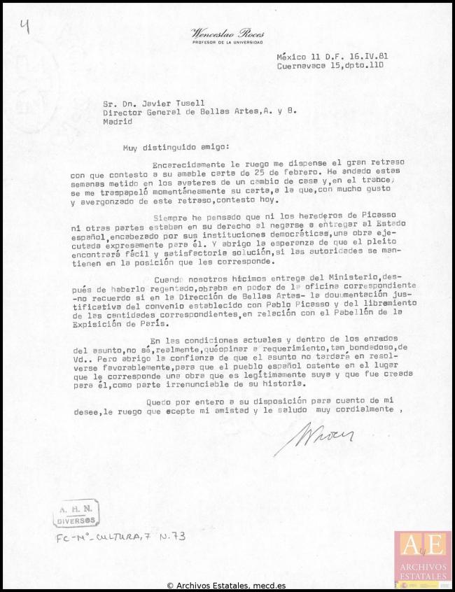 Carta de Javier Tusell a Wenceslao Roces y respuesta