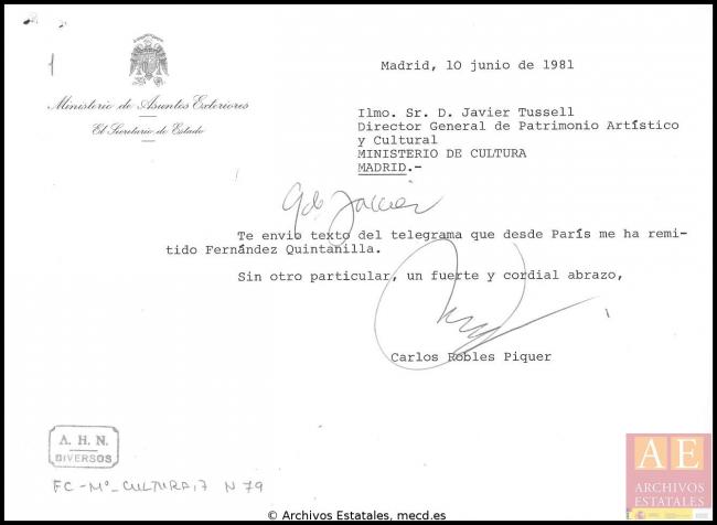 Nota de Carlos Robles Piquer a Javier Tusell