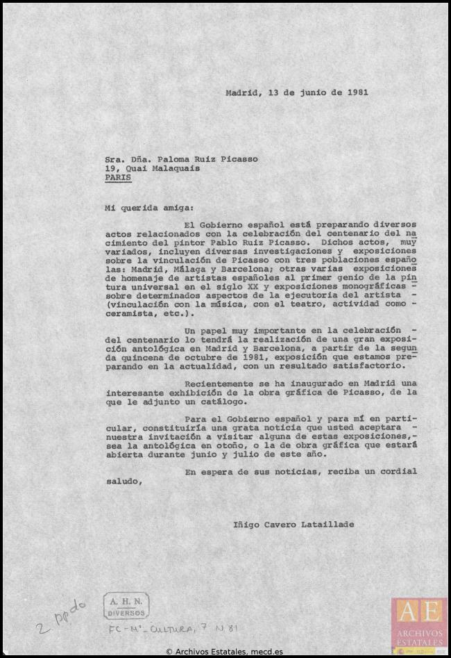 Cartas de Íñigo Cavero a los herederos de Pablo Picasso del 13 de junio de 1981