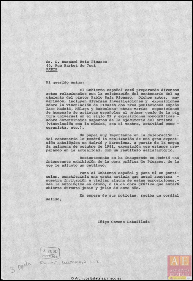 Cartas de Íñigo Cavero a los herederos de Pablo Picasso del 13 de junio de 1981