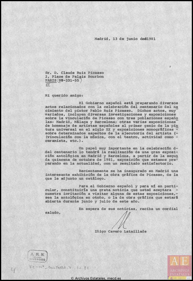 Cartas de Íñigo Cavero a los herederos de Pablo Picasso del 13 de junio de 1981