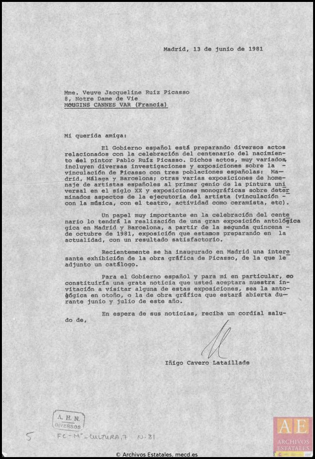 Cartas de Íñigo Cavero a los herederos de Pablo Picasso del 13 de junio de 1981