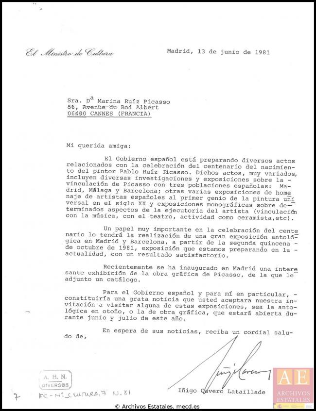 Cartas de Íñigo Cavero a los herederos de Pablo Picasso del 13 de junio de 1981