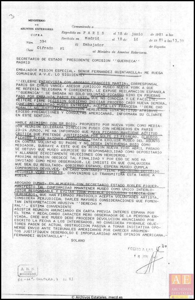 Carta de Carlos Robles Piquer a Javier Tusell del 19 de junio de 1981