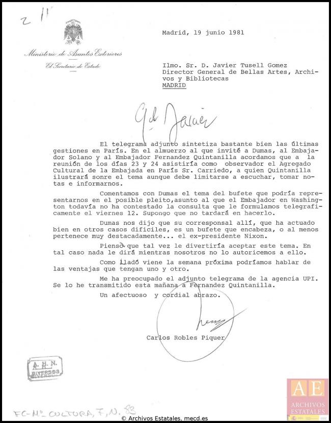 Carta de Carlos Robles Piquer a Javier Tusell del 19 de junio de 1981