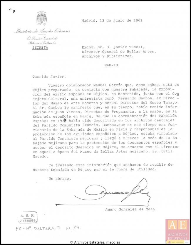 Carta de Álvaro González de Mesa a Javier Tusell