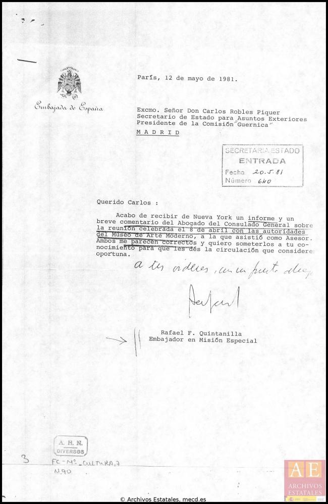 Carta de Rafael Fernández Quintanilla a Carlos Robles Piquer