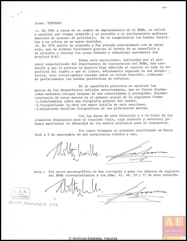 Inventario e informe de conservación de las obras que se recogen en el Museum of Modern Art de Nueva York para enviar a España