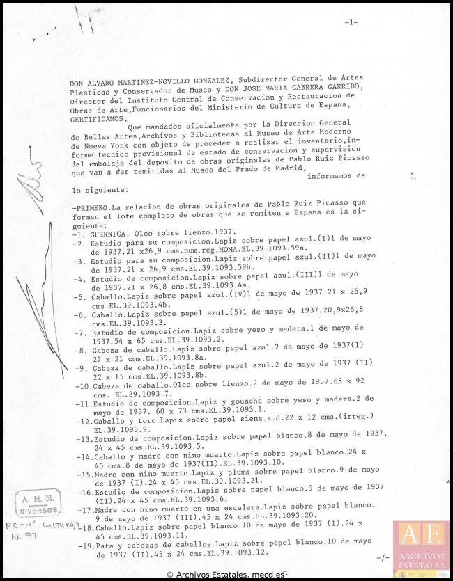 Inventario e informe de conservación de las obras que se recogen en el Museum of Modern Art de Nueva York para enviar a España