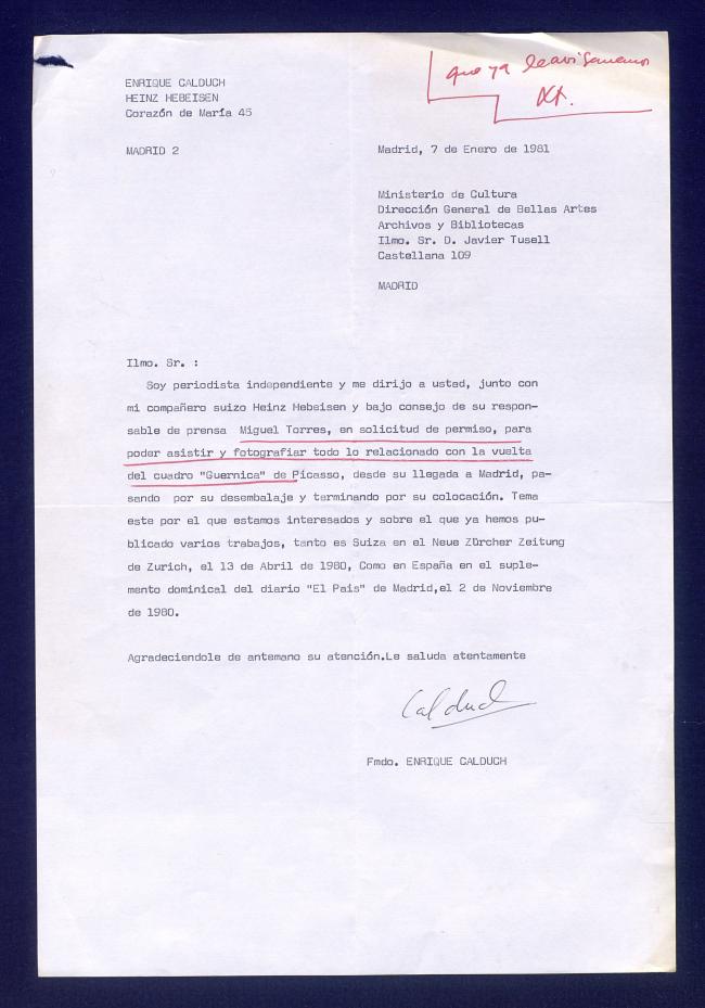 Carta de Enrique Calduch a Javier Tusell
