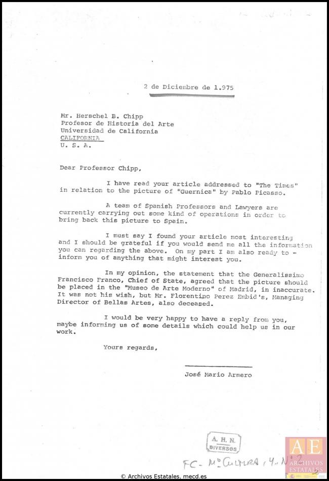 Carta de José Mario Armero a Herschel B. Chipp y respuesta