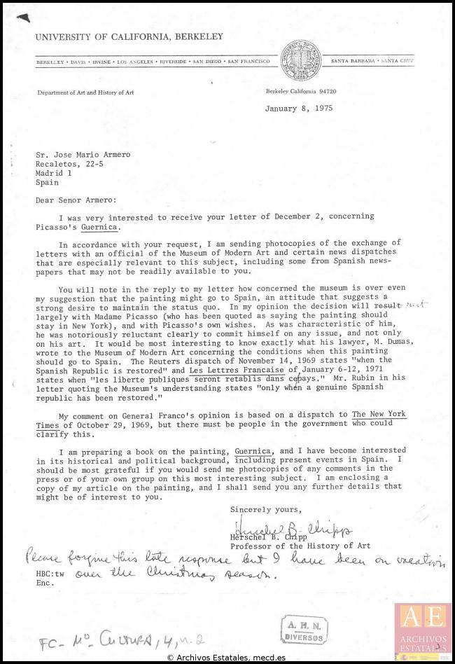 Carta de José Mario Armero a Herschel B. Chipp y respuesta