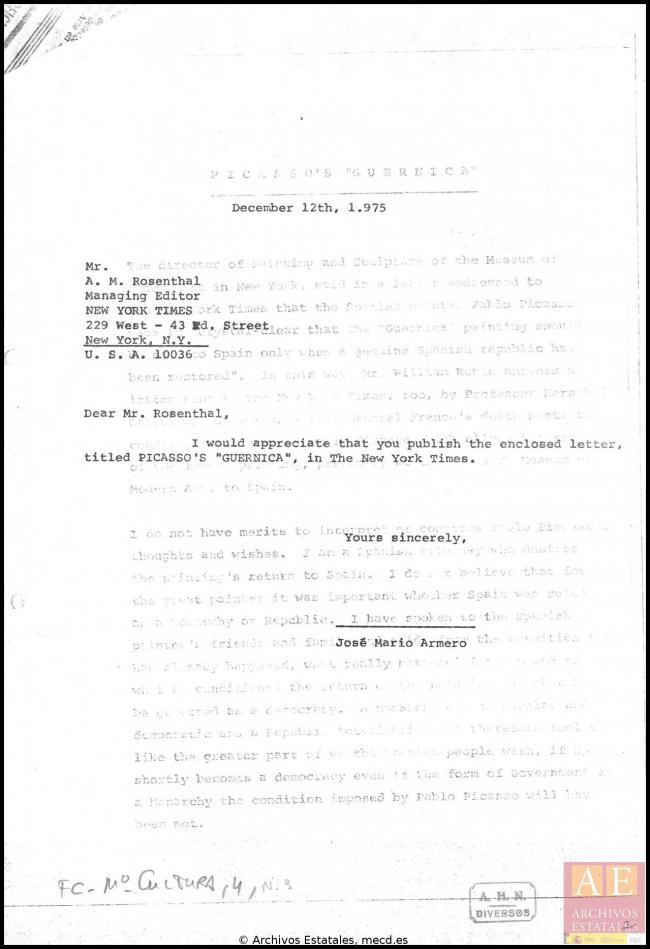Carta de José Mario Armero a M. Rosenthal