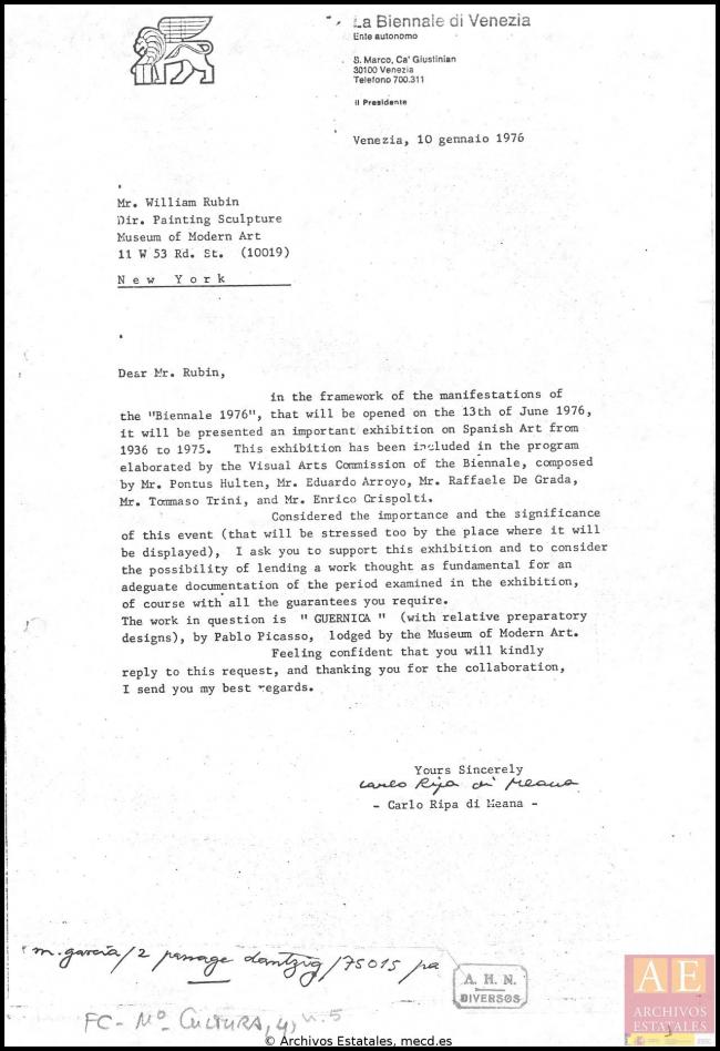 Carta de Carlo Ripa di Meana a William Rubin