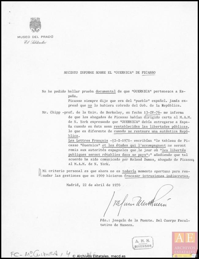 Informe de Joaquín de la Puente sobre la propiedad de Guernica y las  posibilidades de negociación con el Museum of Modern Art de Nueva York