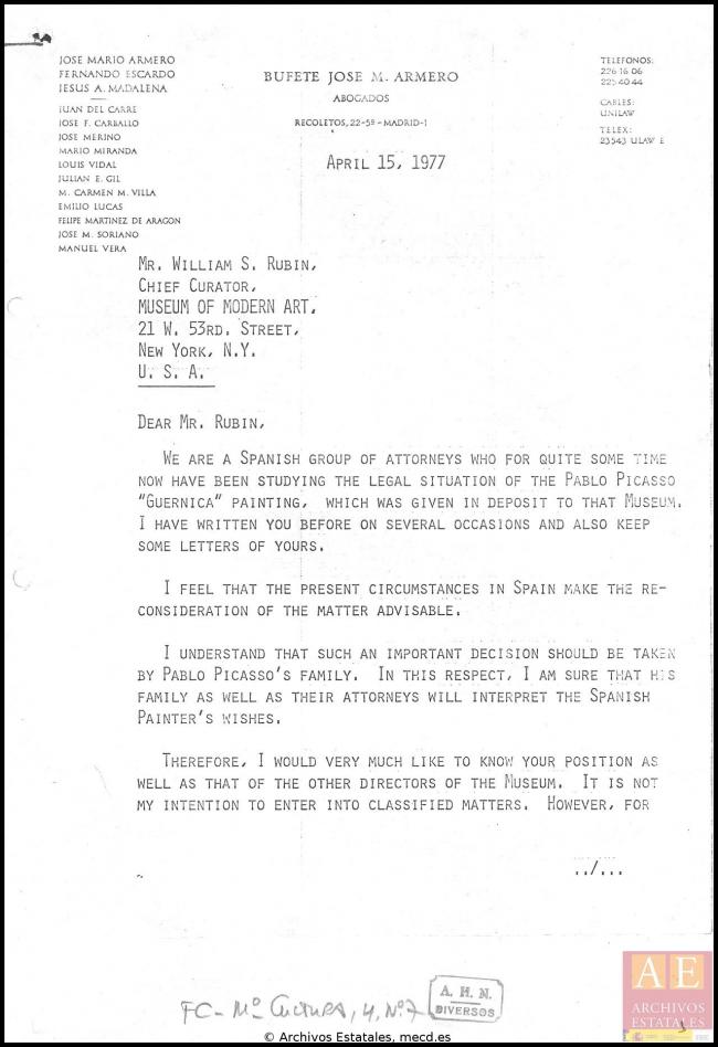 Carta de José Mario Armero a William Rubin