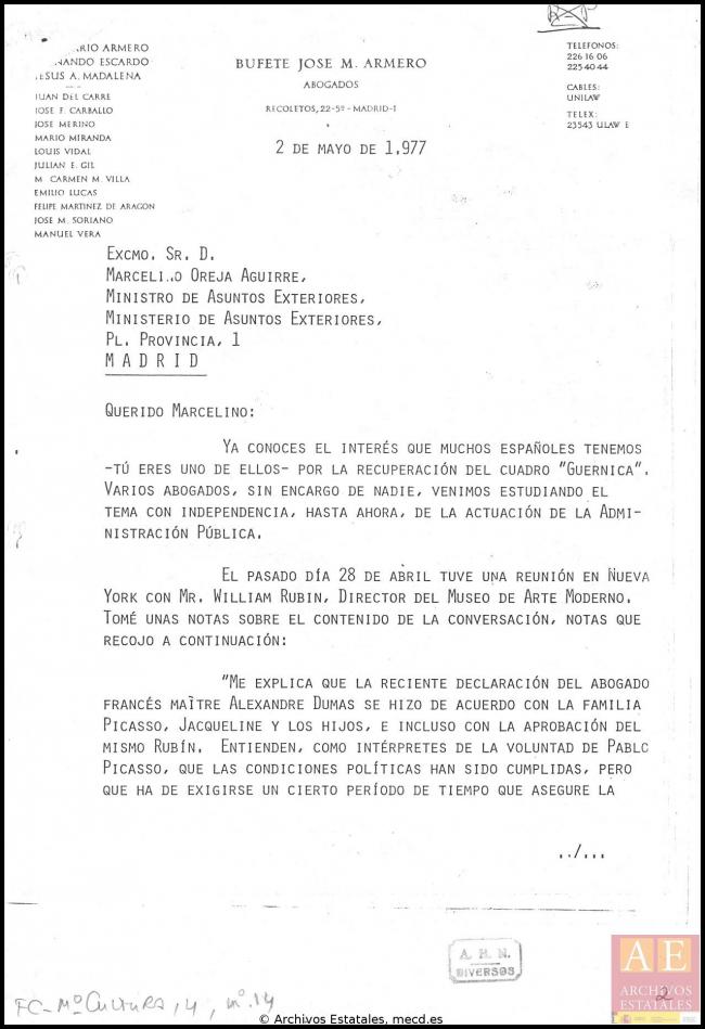 Carta de José Mario Armero a Pío Cabanillas