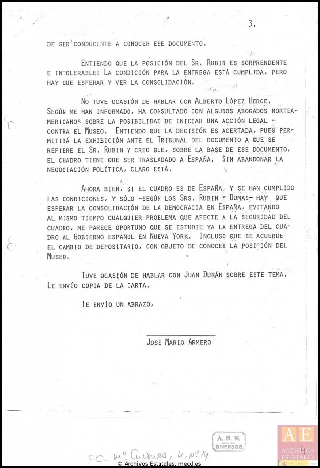 Carta de José Mario Armero a Pío Cabanillas
