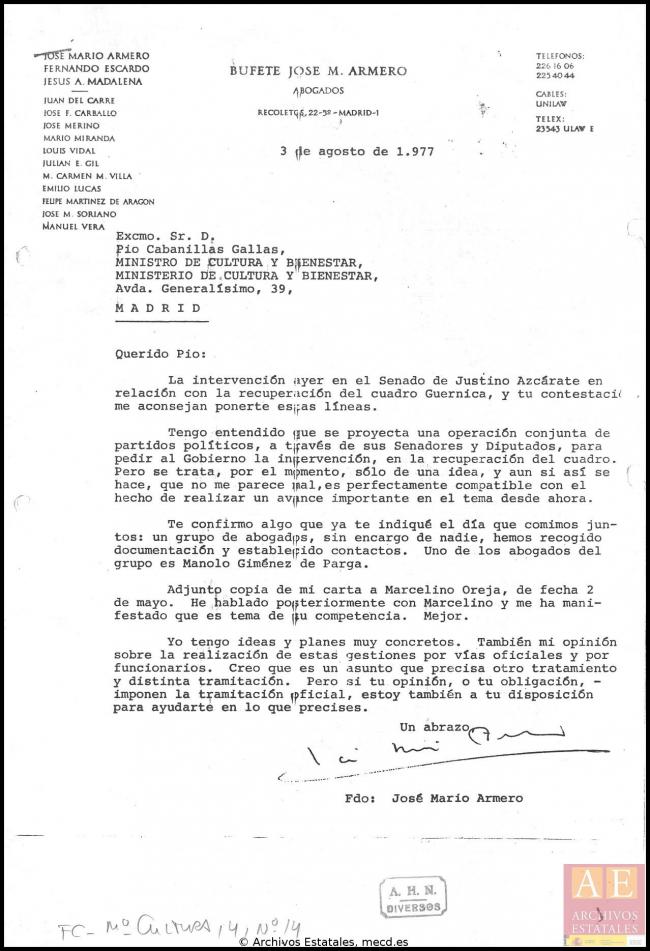 Carta de José Mario Armero a Pío Cabanillas