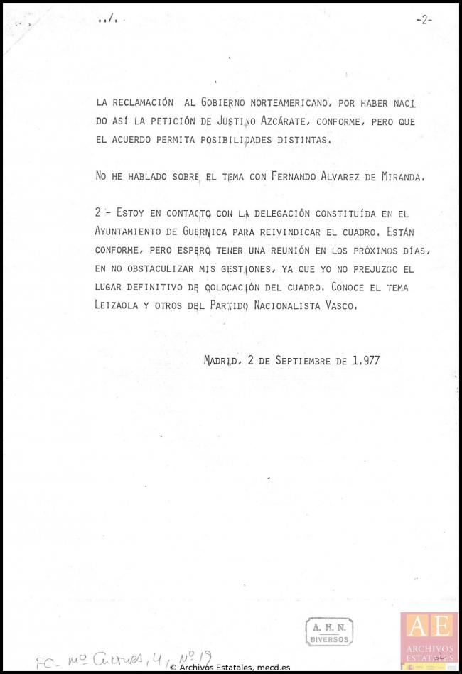 Nota sobre Guernica de José Mario Armero para el ministro de Cultura, Pío Cabanillas