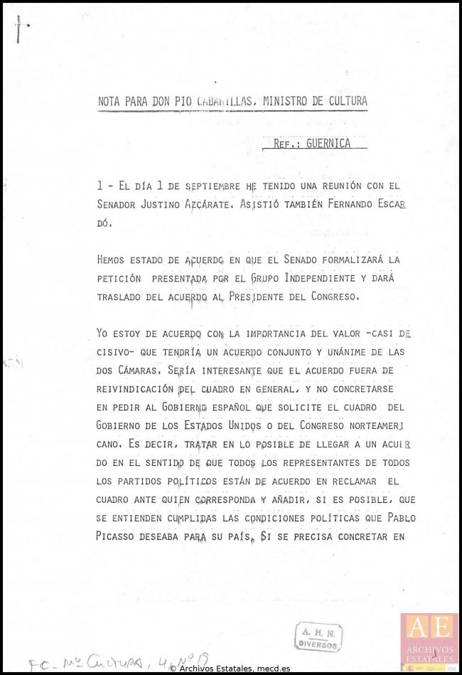 Nota sobre Guernica de José Mario Armero para el ministro de Cultura, Pío Cabanillas
