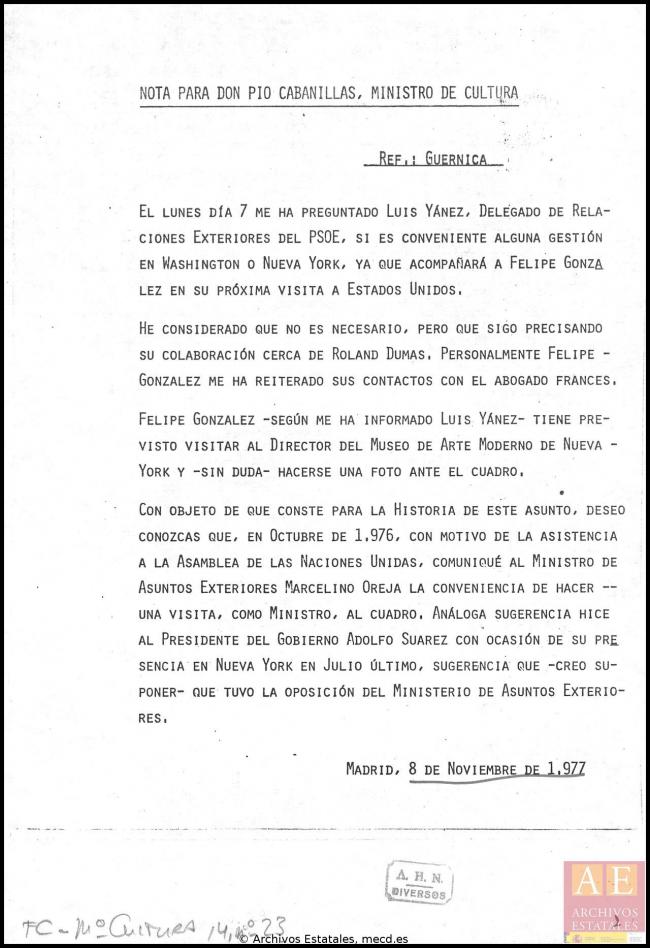 Nota de José Mario Armero para Pío Cabanillas del 8 de noviembre de 1977