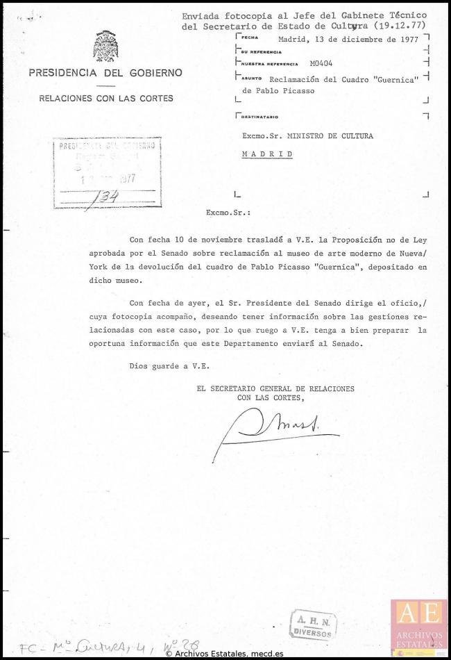 Cartas del secretario general de Relaciones con las Cortes a Pío Cabanillas