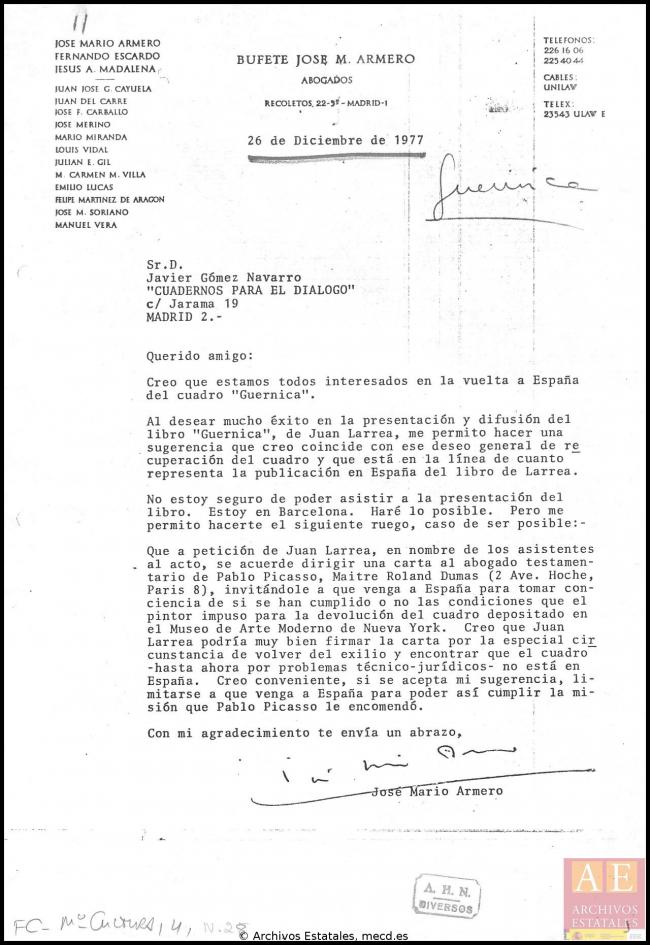 Carta de José Mario Armero a Javier Gómez Navarro