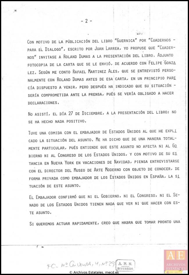 Nota de José Mario Armero para Pío Cabanillas del 28 de diciembre de 1977