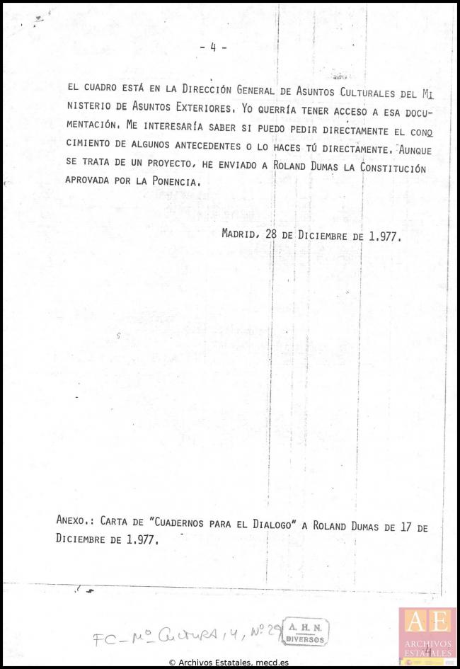 Nota de José Mario Armero para Pío Cabanillas del 28 de diciembre de 1977