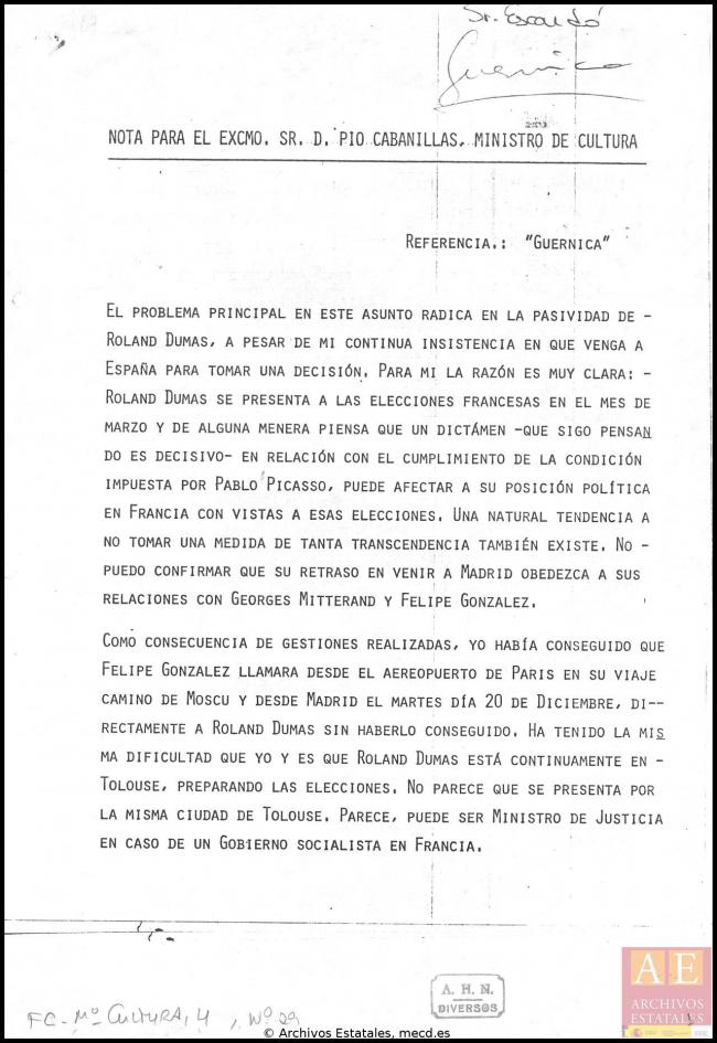Nota de José Mario Armero para Pío Cabanillas del 28 de diciembre de 1977