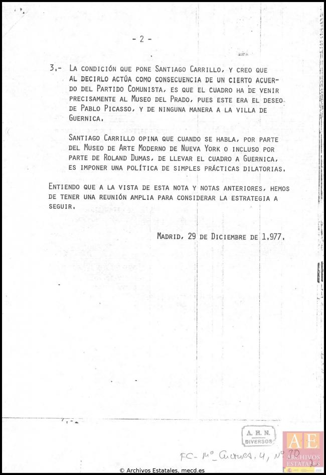 Nota de José Mario Armero para Pío Cabanillas del 29 de diciembre de 1977