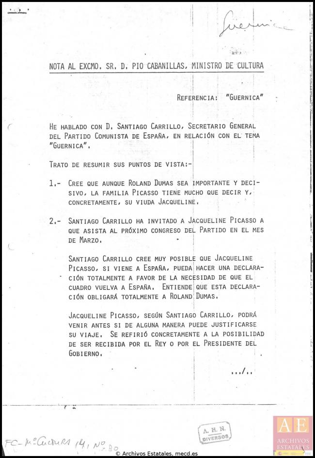 Nota de José Mario Armero para Pío Cabanillas del 29 de diciembre de 1977