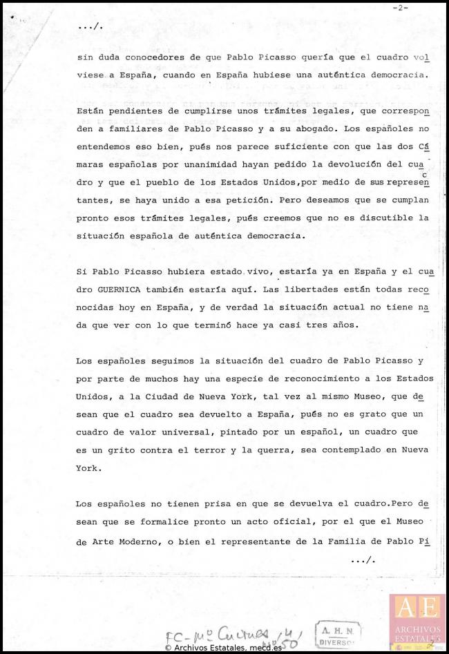 EN Balance y situación de la entrega de Guernica a España